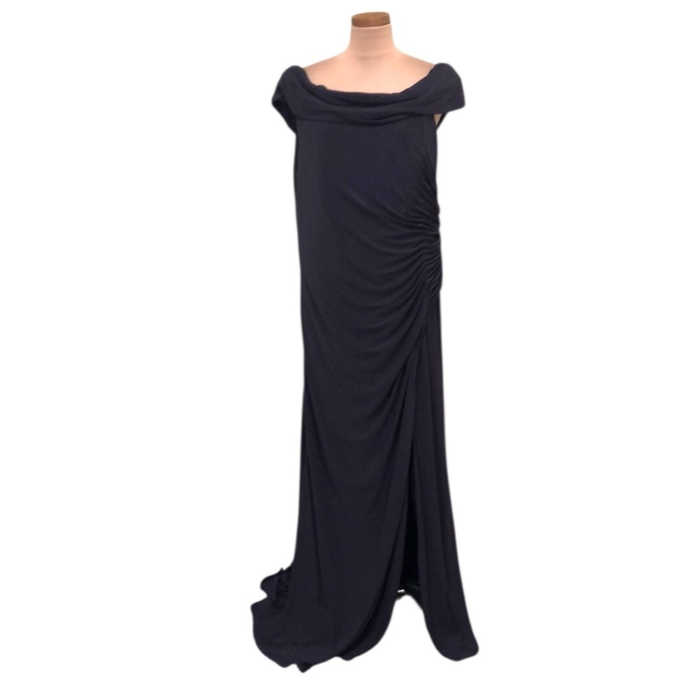 NWT Ieena Mac Duggal Formal Maxi Dress Ruched Off Shoulder Gown Size 16 Gray